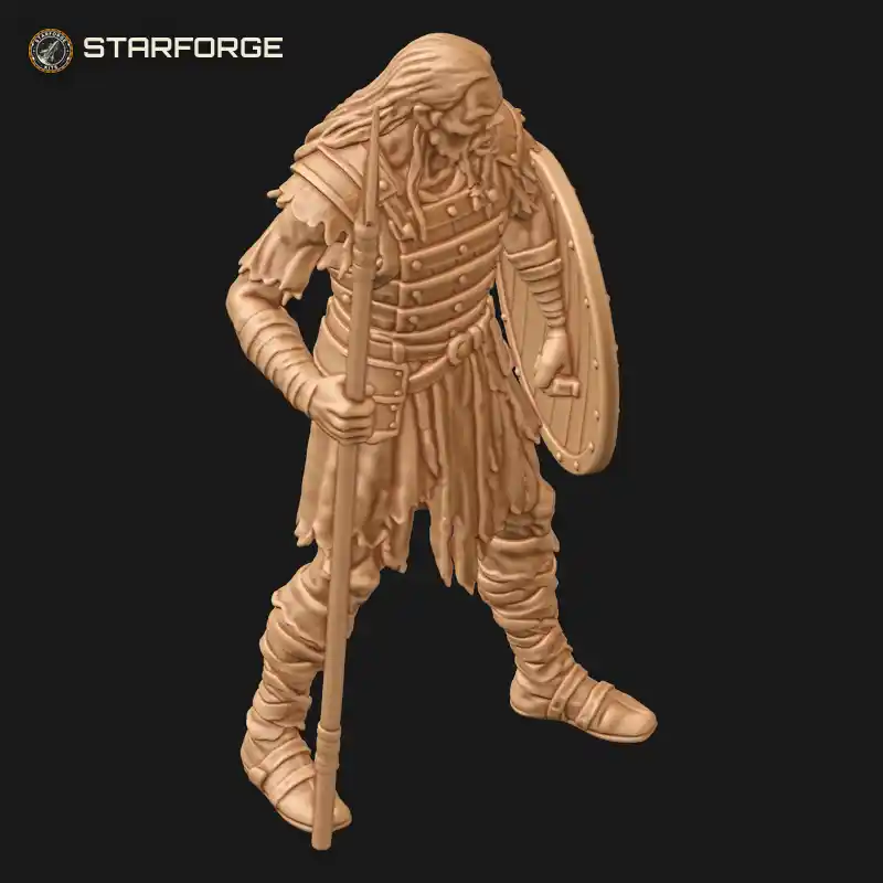 Three Quarter View of Gaunt Draugr Warrior with Long Spear Round Planked Shield and Flowing Hair Character Dark Fantasy Stylized 3D Print STL File
