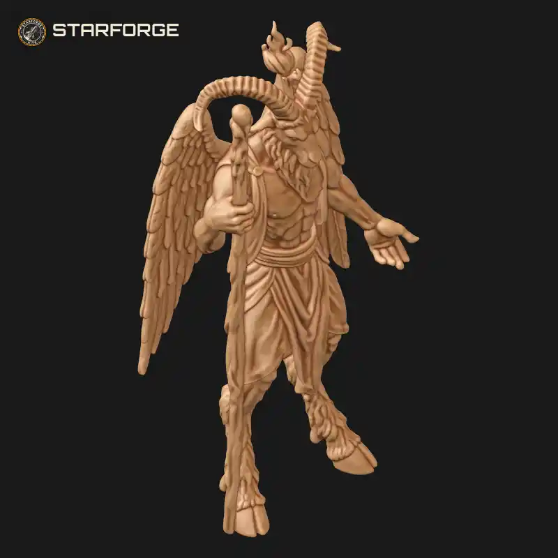 Three Quarter View of Goat-Headed Baphomet Demon with Feathered Wings Gnarled Staff and Flame Crown Character Dark Fantasy Realistic 3D Print STL File