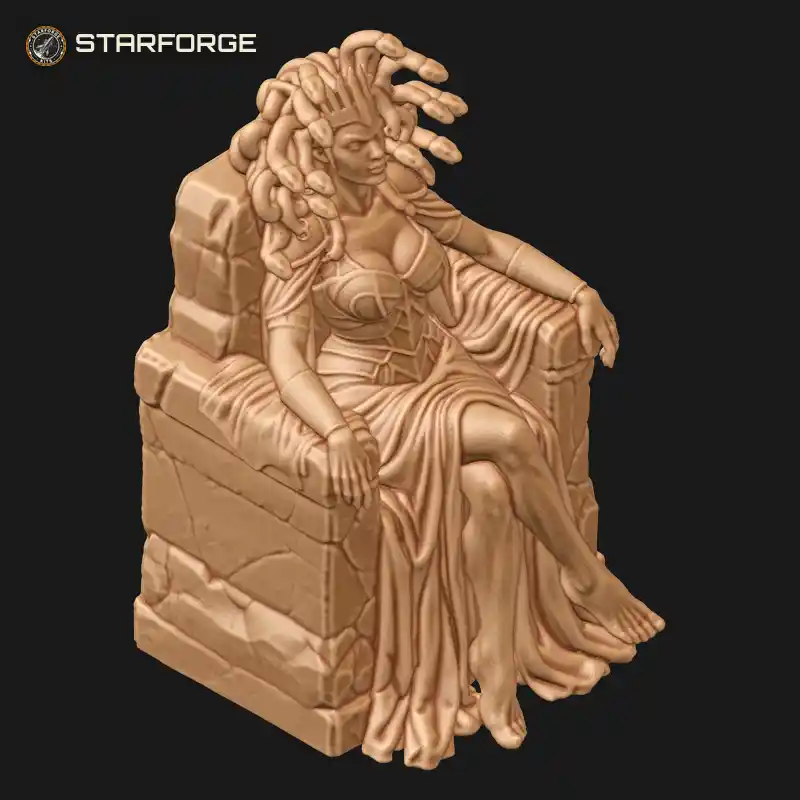 Three Quarter View of Gorgon Queen Seated on Stone Throne with Writhing Hair Gown Crown and Scaled Tail Character Fantasy Realistic 3D Print STL File