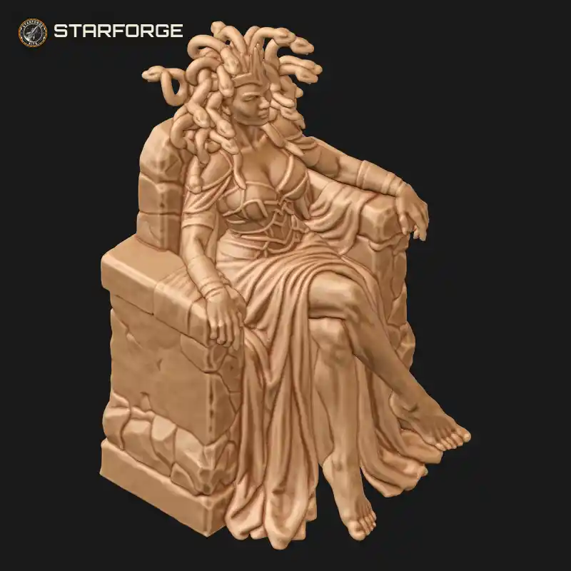 Three Quarter View of Gorgon Queen with Coiling Snake Hair and Spiked Crown Seated on Block Stone Throne Character Mythology Stylized 3D Print STL File