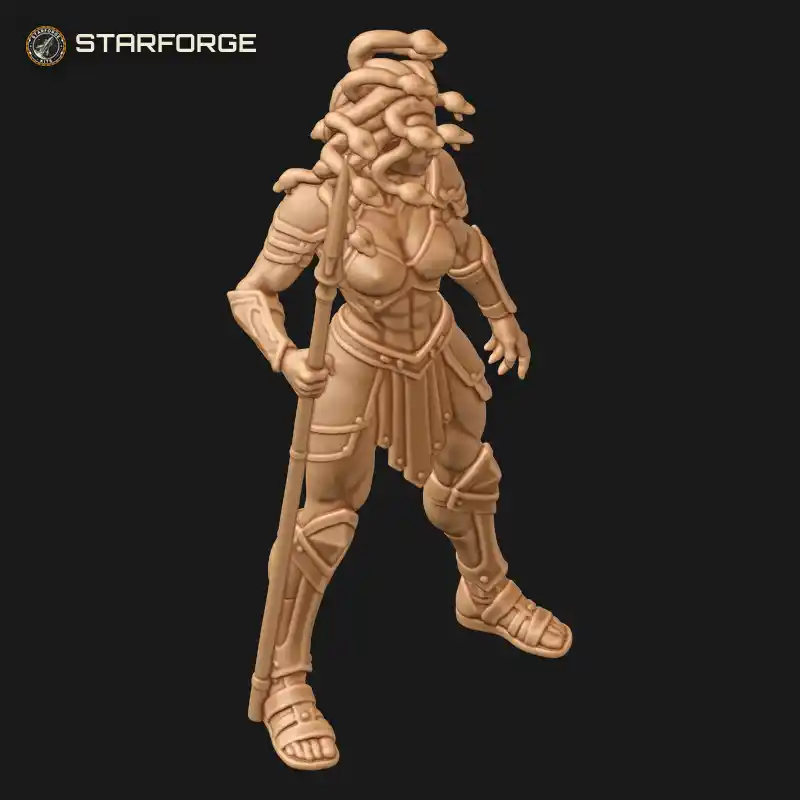 Three Quarter View of Gorgon Warrior with Snake Hair Bronze Spear Pteruges Skirt and Strapped Sandals Character Mythology Stylized 3D Print STL File