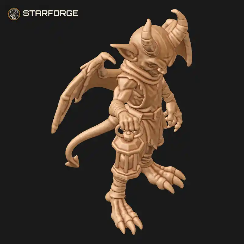 Three Quarter View of Grinning Horned Imp with Bat Wings Ragged Tunic and Hanging Lantern Character Fantasy Stylized 3D Print STL File