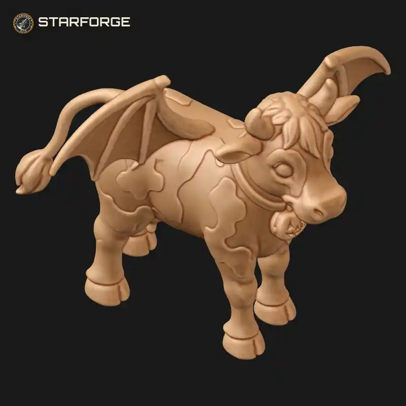 Three Quarter View of Halloween Cow Lying Down with Bat Wings and Bell Collar Creature Fantasy Cartoon 3D Print STL File