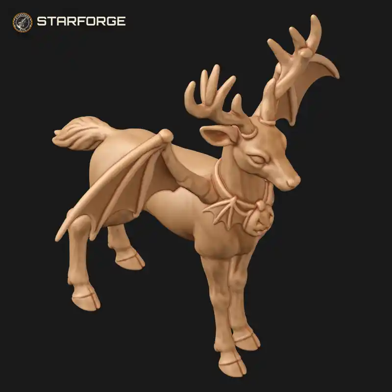 Three Quarter View of Halloween Deer With Bat Wings Antlers Slender Legs And Leaf Pile Base Creature Fantasy Stylized 3D Print STL File