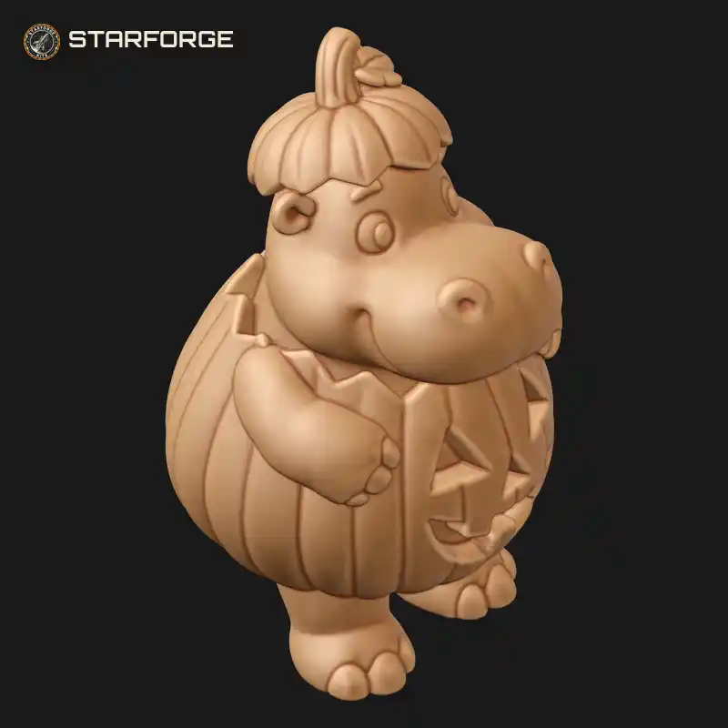 Three Quarter View of Halloween Hippo Sitting In Carved Pumpkin With Round Ears Wide Snout And Curled Stem Character Cartoon 3D Print STL File