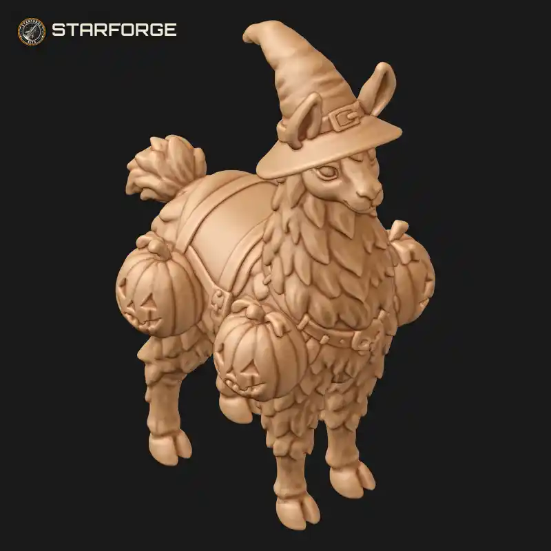 Three Quarter View of Halloween Llama with Pumpkin Saddlebags Long Neck and Fluffy Coat Creature Fantasy Stylized 3D Print STL File