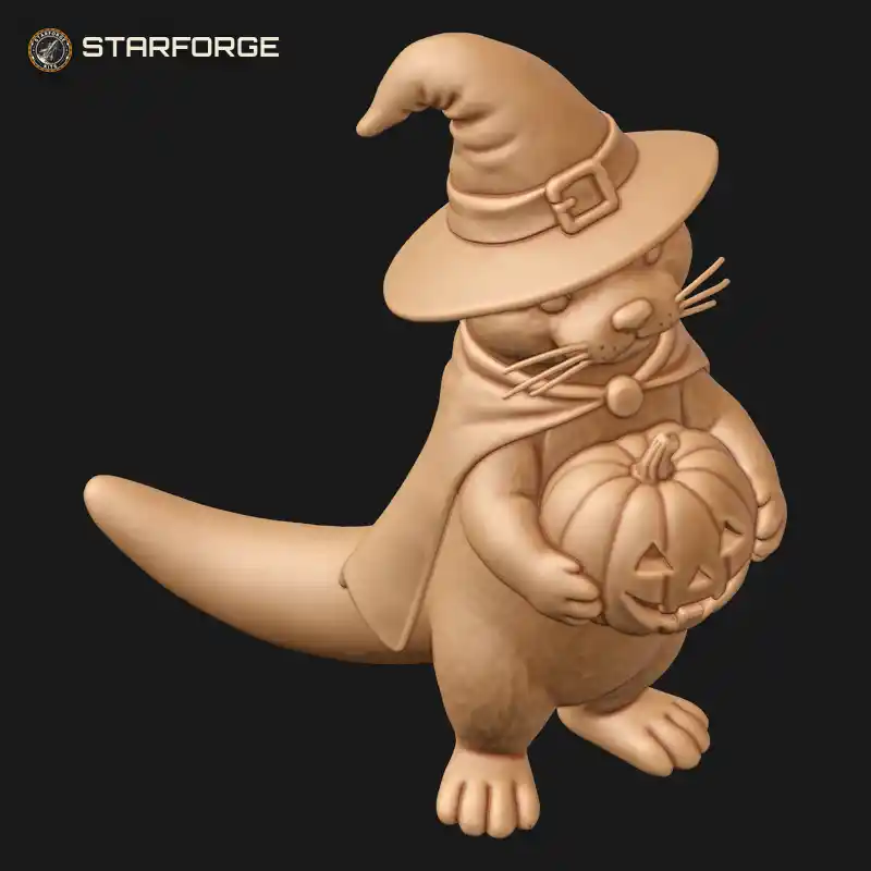 Three Quarter View of Halloween Otter Holding Small Pumpkin With Whiskers Webbed Paws And Thick Tail Character Fantasy Cartoon 3D Print STL File