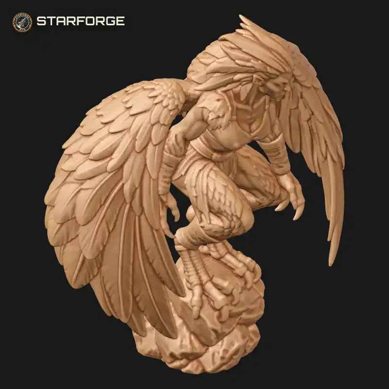 Three Quarter View of Harpy Perched on Rock with Folded Feathered Wings Talons and Shrieking Face Character Mythology Realistic 3D Print STL File
