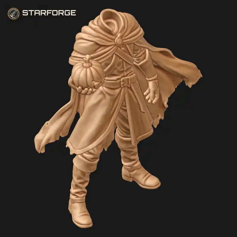 Three Quarter View of Headless Horseman in Tattered Flowing Cape Holding Carved Jack O Lantern Aloft Character Horror Stylized 3D Print STL File