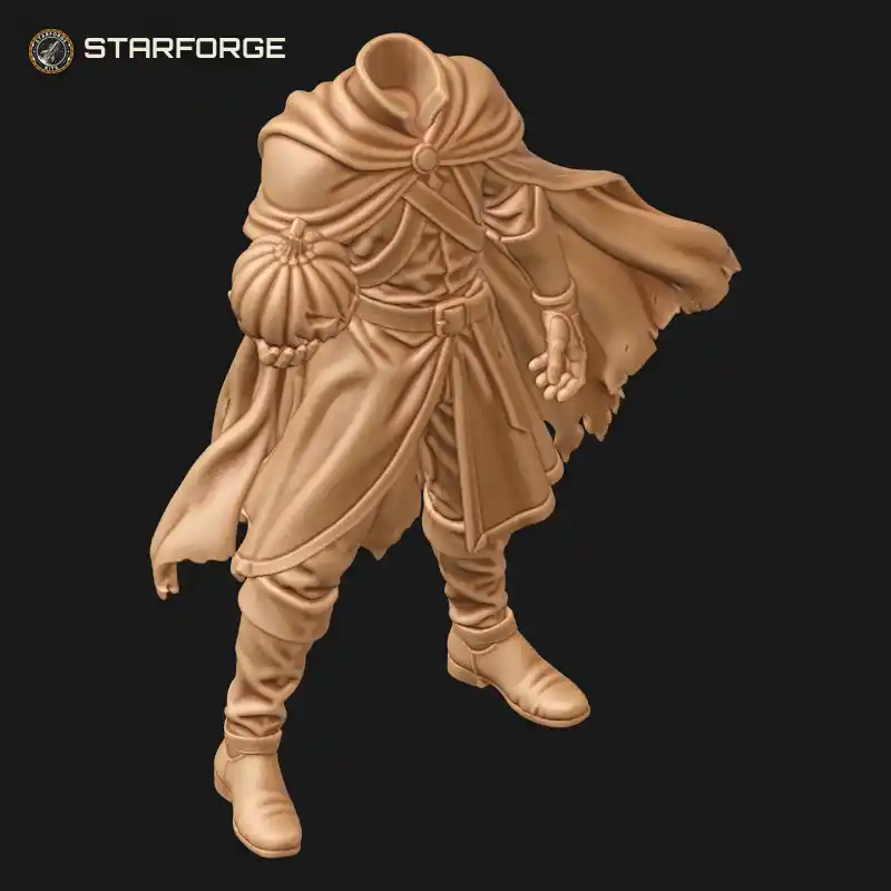 Three Quarter View of Headless Horseman Standing with Raised Jack O Lantern Long Riding Coat and Saber Character Horror Stylized 3D Print STL File
