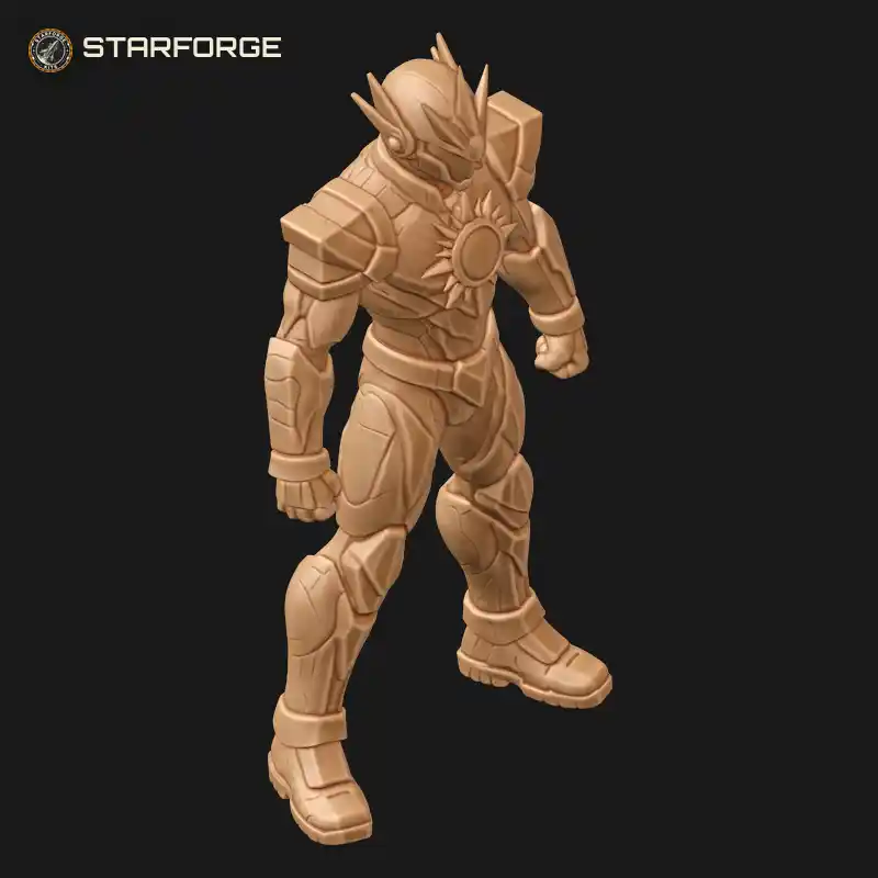 Three Quarter View of Hero Robot Suit with Sun Crest Head Fin Chest Plate Raised Fist and Heavy Boots Character Sci-Fi Stylized 3D Print STL File