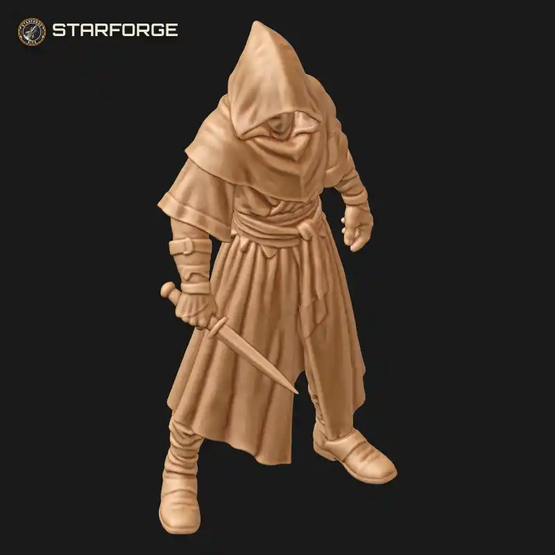 Three Quarter View of Hooded Cultist in Belted Robe and Face Mask Striding with Drawn Dagger Character Dark Fantasy Realistic 3D Print STL File