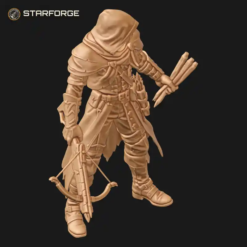 Three Quarter View of Hooded Demon Hunter with Lowered Crossbow Fistful of Wooden Stakes and Tattered Long Coat Character Dark Fantasy Realistic 3D Print STL File