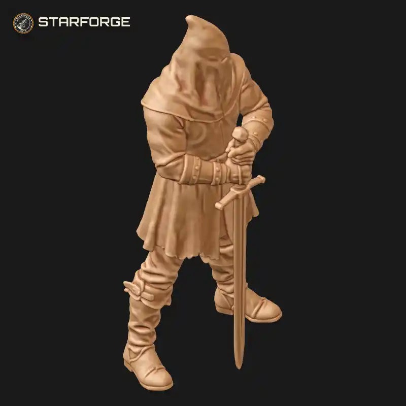 Three Quarter View of Hooded Executioner with Pointed Cowl Studded Bracers and Point-Down Greatsword Character Dark Fantasy Realistic 3D Print STL File