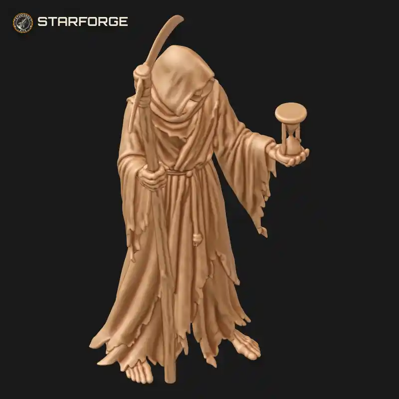 Three Quarter View of Hooded Grim Reaper with Long Scythe Hourglass in Hand and Tattered Robes Character Dark Fantasy Realistic 3D Print STL File