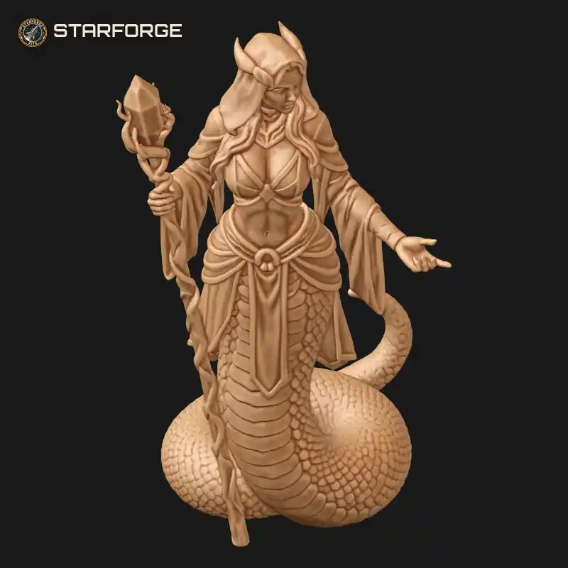 Three Quarter View of Hooded Horned Lamia Sorceress with Vine-Wrapped Crystal Staff and Coiled Serpent Tail Character Fantasy Stylized 3D Print STL File