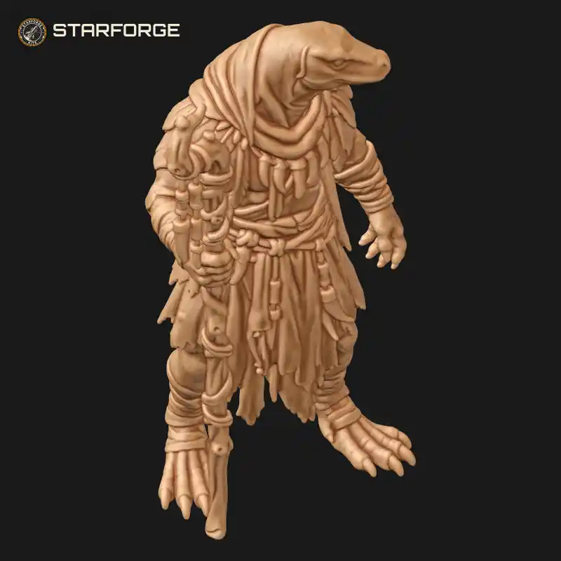 Three Quarter View of Hooded Komodo Lizardfolk Shaman with Gnarled Fetish Staff and Fang Necklace Character Fantasy Realistic 3D Print STL File
