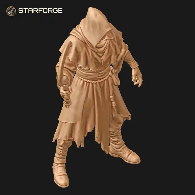 Three Quarter View of Hooded Masked Cultist in Tattered Layered Robe with Hooked Ritual Sickle and Rope Sash Pouch Character Dark Fantasy Realistic 3D Print STL File