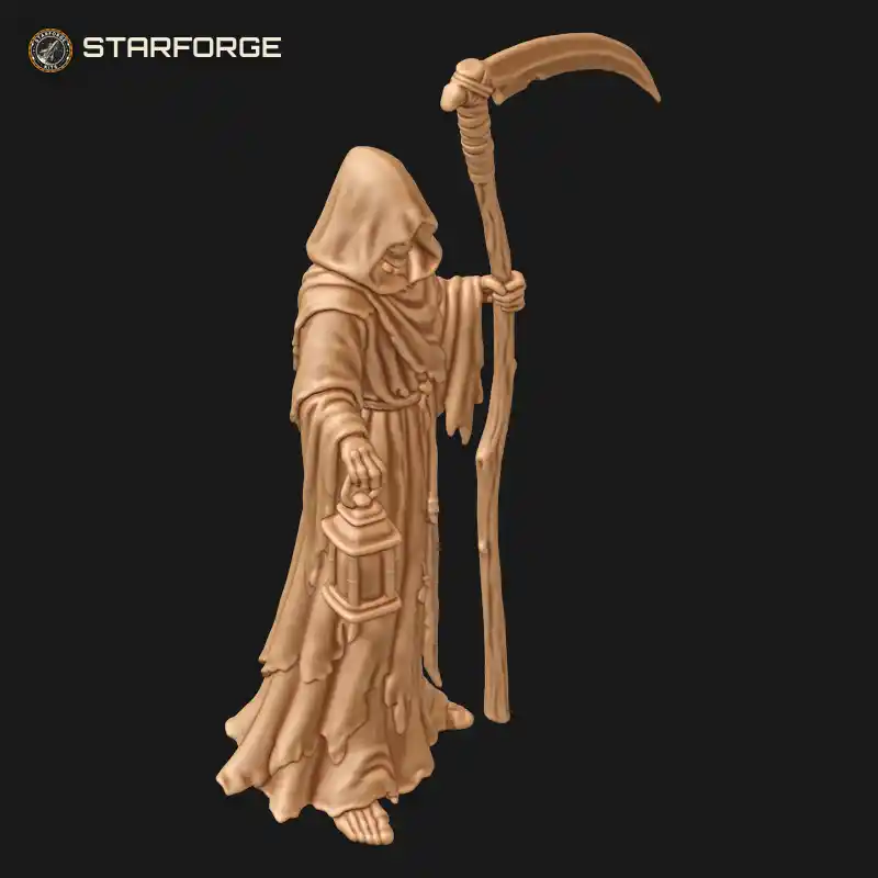 Three Quarter View of Hooded Skeletal Grim Reaper with Tattered Robe Gnarled Scythe and Hanging Lantern Character Dark Fantasy Stylized 3D Print STL File