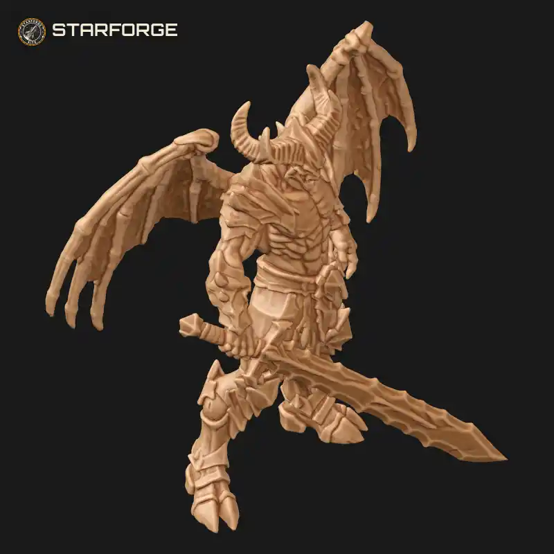 Three Quarter View of Horned Balor Demon with Bat Wings Spiked Armor and Jagged Greatsword Character Dark Fantasy Realistic 3D Print STL File