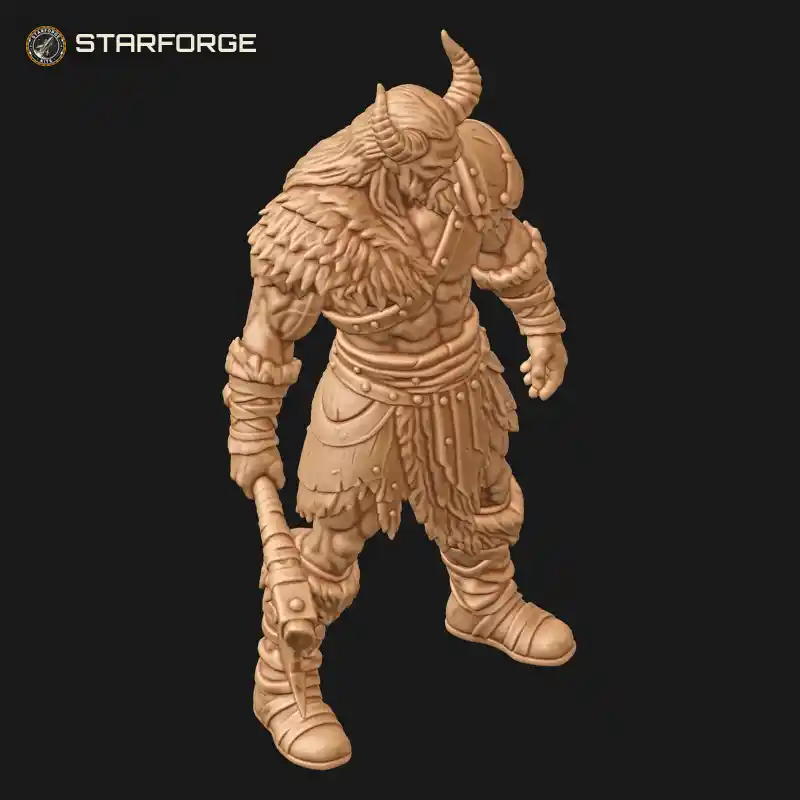 Three Quarter View of Horned Barbarian Warrior with Fur Mantle Wrapped Bracers and Lowered Battle Axe Character Fantasy Stylized 3D Print STL File