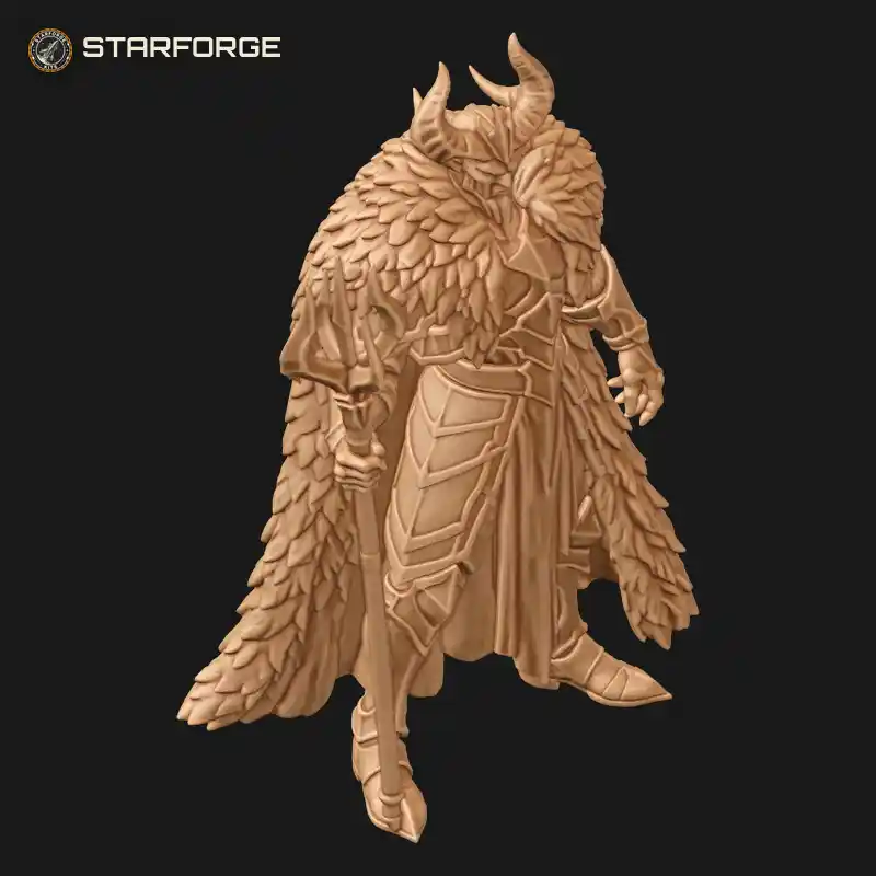 Three Quarter View of Horned Demon King in Leaf Fur Mantle and Ornate Plate Armor Holding Trident Character Dark Fantasy Ornate 3D Print STL File