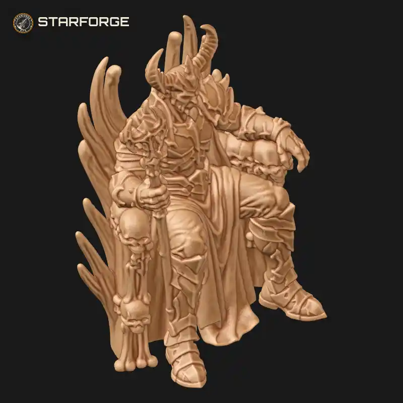 Three Quarter View of Horned Demon King on Bone Throne with Skull Armrests and Crescent Staff Character Dark Fantasy Ornate 3D Print STL File