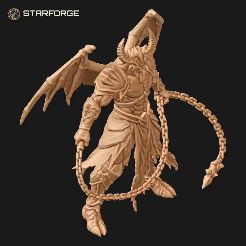 Three Quarter View of Horned Demon Lord with Bat Wings Spiked Pauldrons and Spiked Chain Whip Character Dark Fantasy Grimdark 3D Print STL File