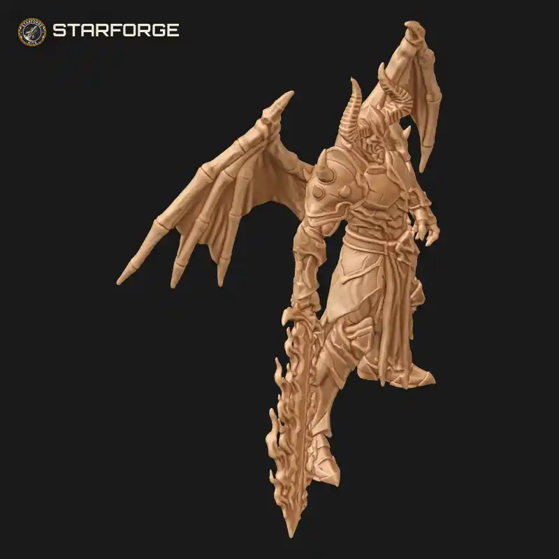 Three Quarter View of Horned Demon Lord with Bat Wings Spiked Plate Armor and Flaming Greatsword Character Dark Fantasy Grimdark 3D Print STL File