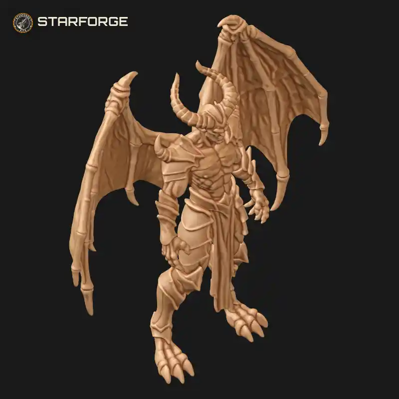 Three Quarter View of Horned Demon Lord With Spread Bat Wings Clawed Hands And Segmented Armor Loincloth Character Dark Fantasy Stylized 3D Print STL File