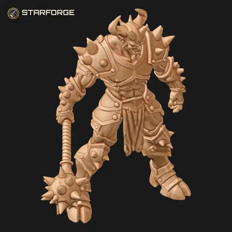 Three Quarter View of Horned Demon Warrior in Spiked Pauldrons Striding with Spiked Ball Mace Character Dark Fantasy Stylized 3D Print STL File