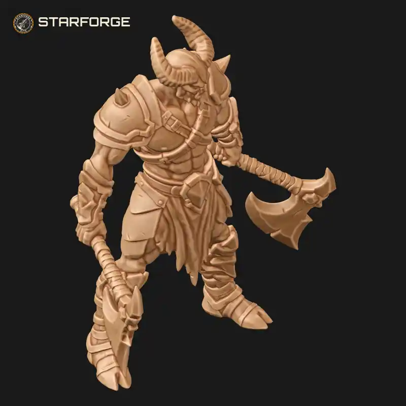 Three Quarter View of Horned Demon Warrior with Twin Battle Axes Spiked Pauldrons and Cloven Hooves Character Dark Fantasy Stylized 3D Print STL File