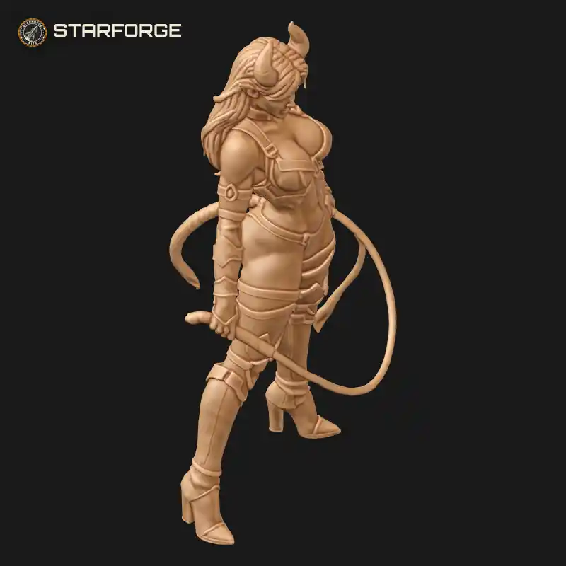 Three Quarter View of Horned Devil Girl in Strappy Leather Armor Holding Looped Whip with Tail Character Dark Fantasy Stylized 3D Print STL File