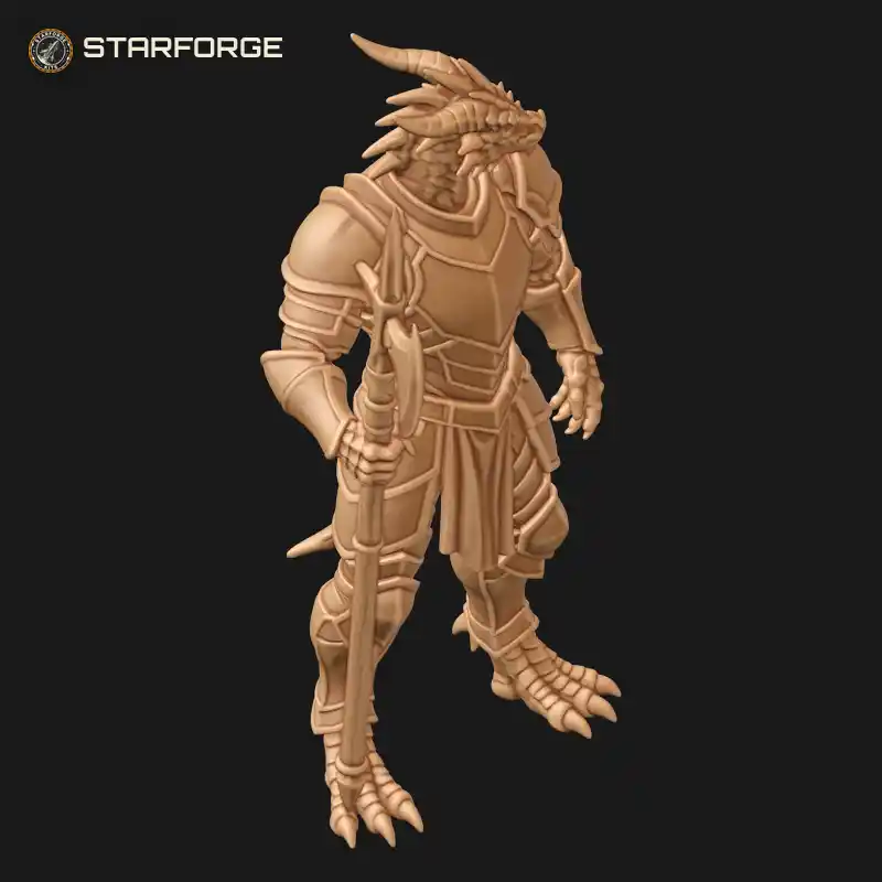 Three Quarter View of Horned Dragonborn Knight in Segmented Plate Armor with Halberd and Spiked Tail Character Fantasy Realistic 3D Print STL File