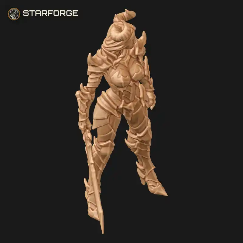 Three Quarter View of Horned Female Knight in Spiked Demon Plate Armor with Lowered Longsword and High Heels Character Dark Fantasy Stylized 3D Print STL File