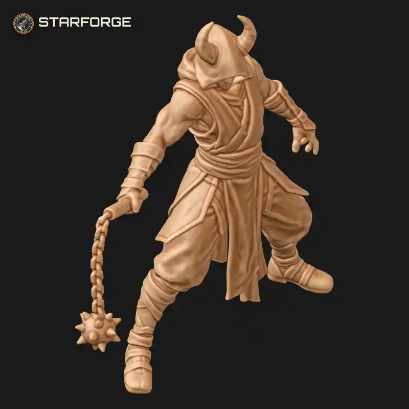Three Quarter View of Horned Hood Masked Monk with Spiked Chain Flail and Wrapped Bracers Character Dark Fantasy Realistic 3D Print STL File