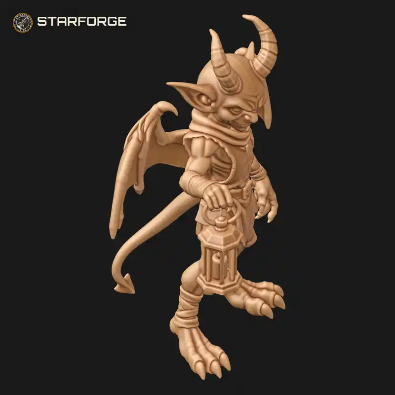 Three Quarter View of Horned Imp Figure With Bat Wings Pointed Tail Clawed Feet Holding An Iron Lantern Character Fantasy Stylized 3D Print STL File