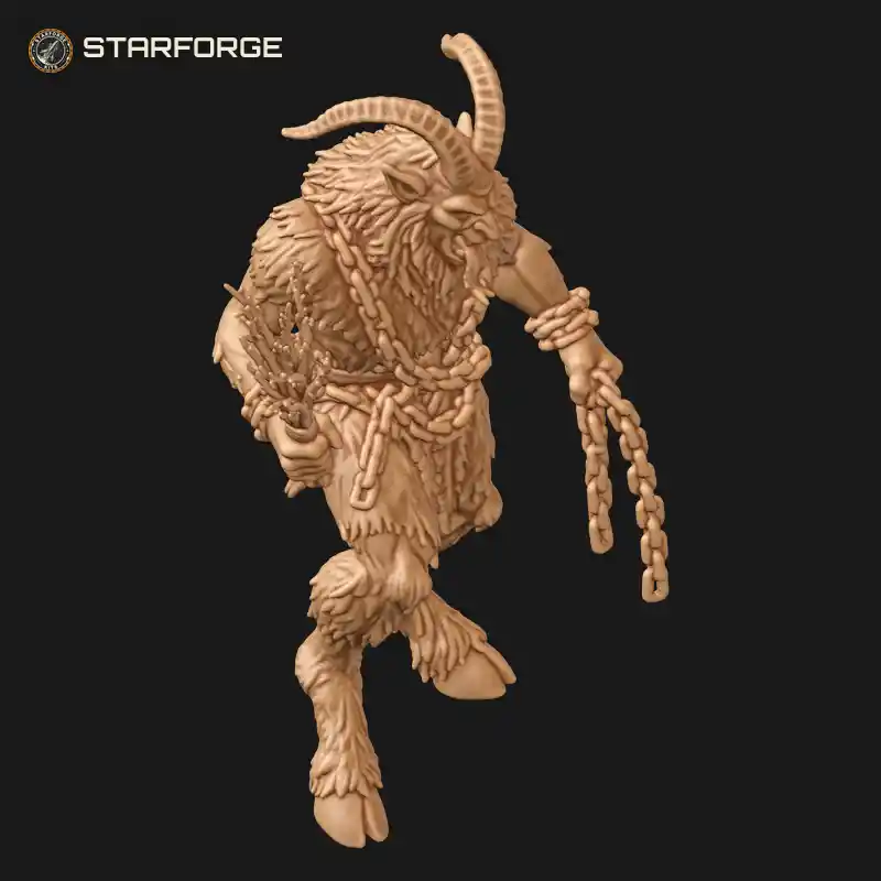 Three Quarter View of Horned Krampus Demon with Birch Switch Wrapped Chains and Cloven Hooves Character Dark Fantasy Realistic 3D Print STL File