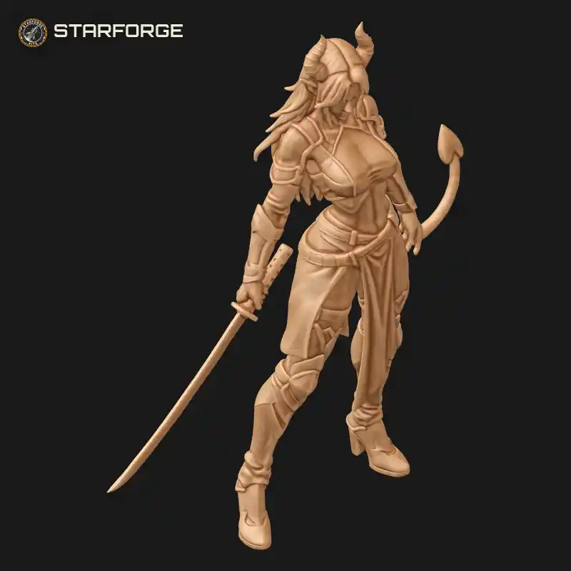 Three Quarter View of Horned Tiefling Swordswoman with Lowered Katana Devil Tail and Long Flowing Hair Character Fantasy Stylized 3D Print STL File