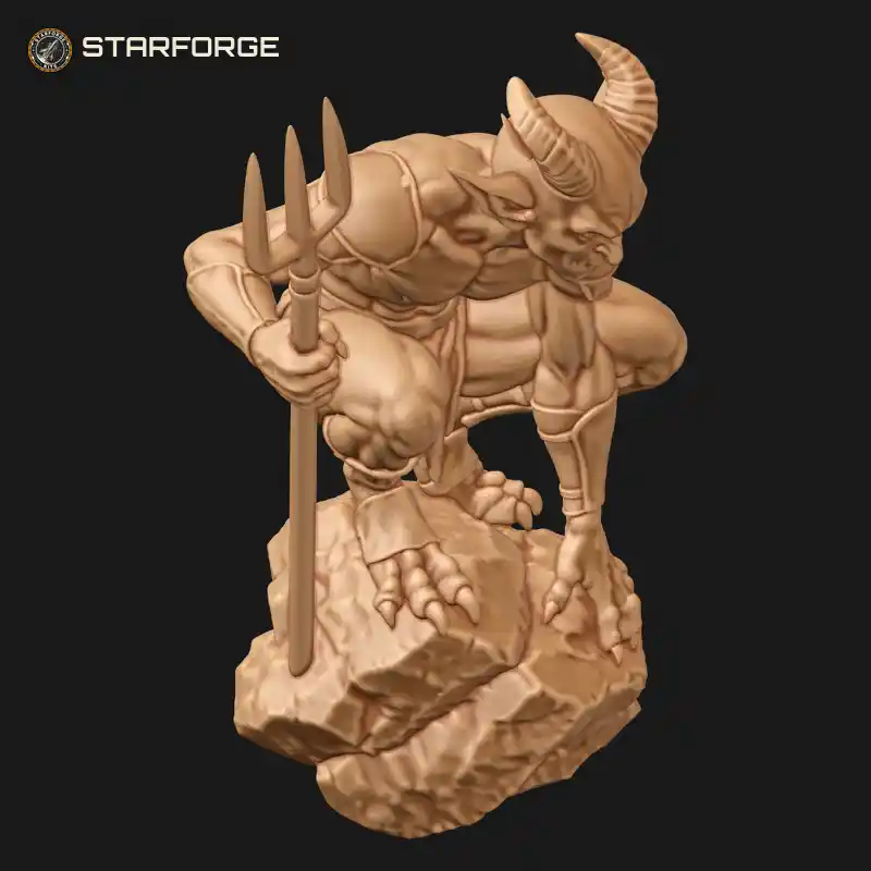 Three Quarter View of Imp Figure With Small Horns Bat Wings Pointed Tail And Pitchfork On Rock Character Fantasy Stylized 3D Print STL File