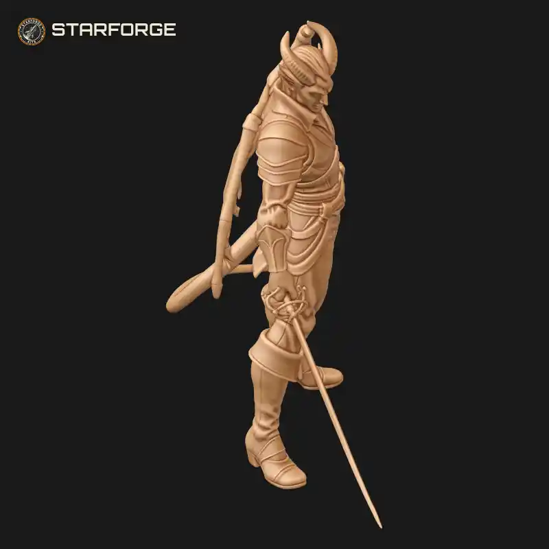 Three Quarter View of Incubus Swordsman Figure With Rapier Horns Wings And Long Coat Character Fantasy Realistic 3D Print STL File