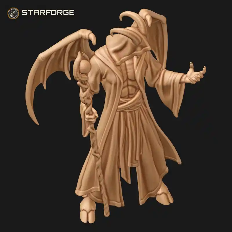 Three Quarter View of Incubus Warlock Figure With Ram Horns Hooded Robe Bat Wings And Spell Tome Character Dark Fantasy Realistic 3D Print STL File