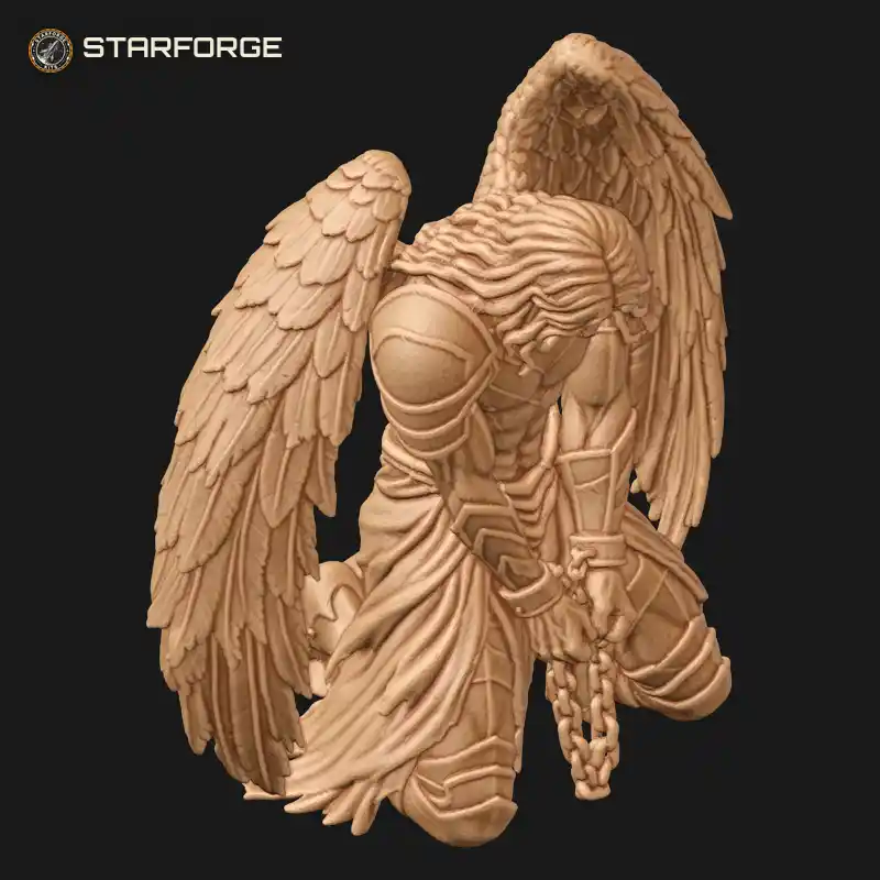 Three Quarter View of Kneeling Fallen Angel Figure With Folded Wings Chained Wrists And Torn Robe Character Dark Fantasy Realistic 3D Print STL File