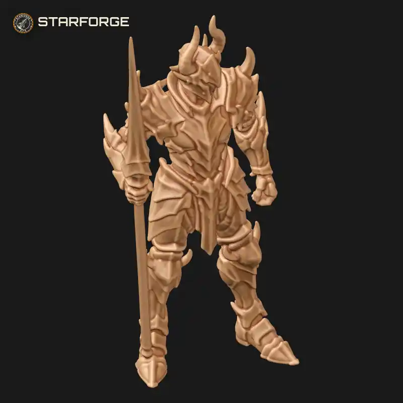 Three Quarter View of Knight Figure In Horned Demon Armor With Lance And Cape Character Dark Fantasy Ornate 3D Print STL File