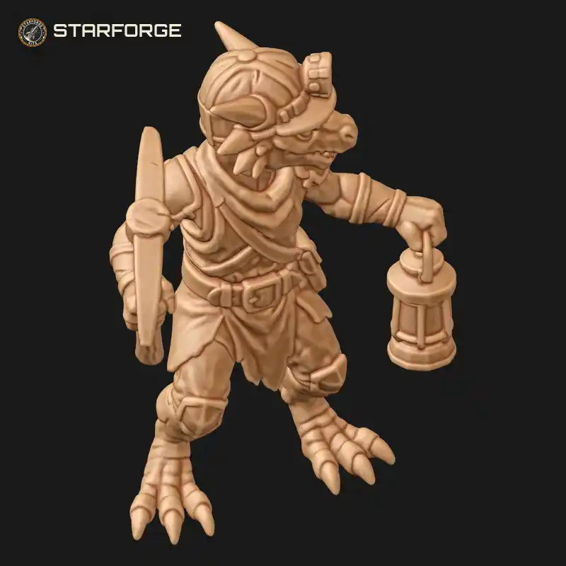 Three Quarter View of Kobold Miner with Headlamp Hard Hat Pickaxe Bandana and Swinging Lantern Character Fantasy Stylized 3D Print STL File