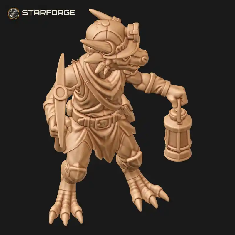 Three Quarter View of Kobold Miner with Pickaxe Hanging Lantern Leather Cap Small Scaled Body and Tail Character Fantasy Stylized 3D Print STL File