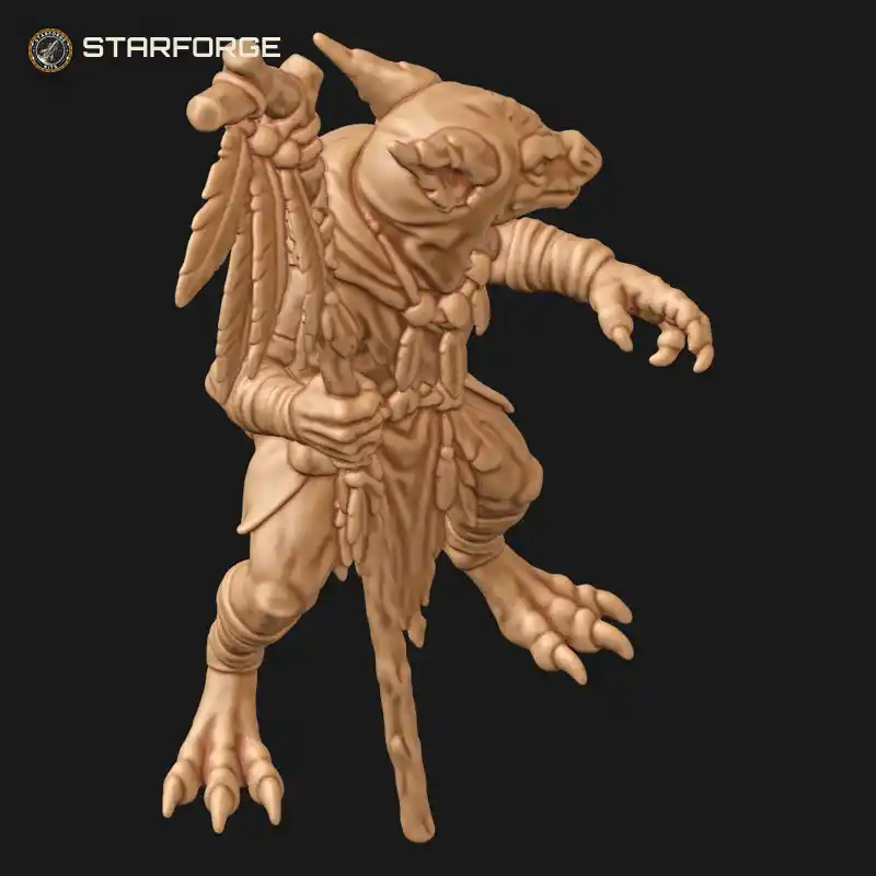 Three Quarter View of Kobold Shaman with Feathered Staff Clawed Hands and Hanging Feather Cloak Character Fantasy Stylized 3D Print STL File