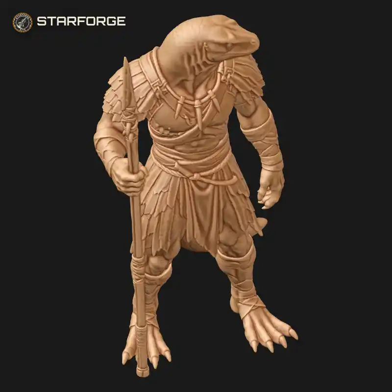Three Quarter View of Komodo Dragon Humanoid Warrior with Tribal Spear Forked Tongue Beaded Bands and Heavy Tail Character Fantasy Realistic 3D Print STL File