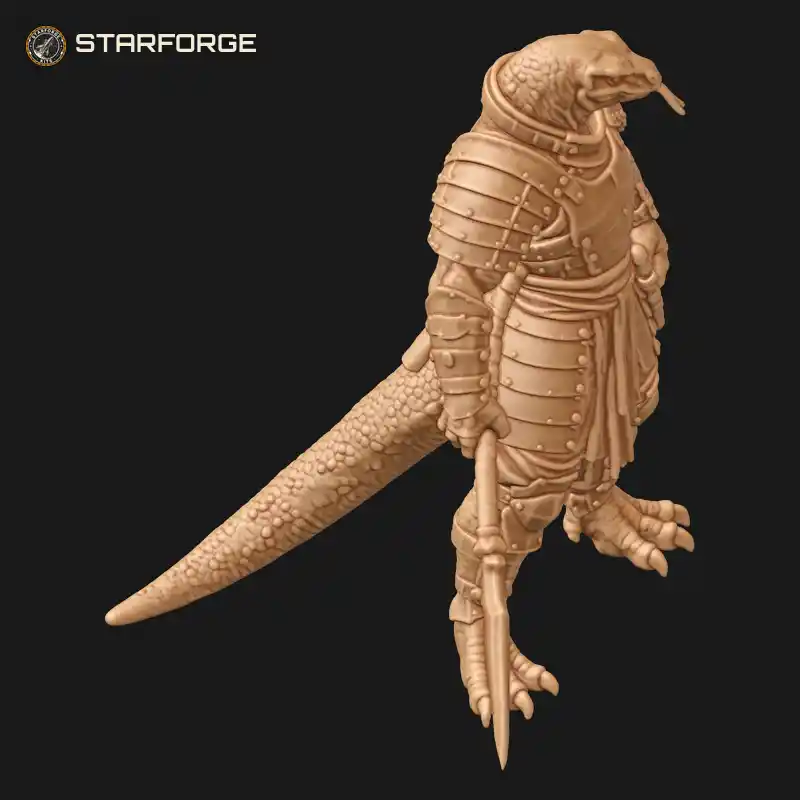 Three Quarter View of Komodo Dragon Lizardfolk Warlord in Riveted Lamellar Armor with Leaf-Bladed Spear and Sash Character Fantasy Realistic 3D Print STL File