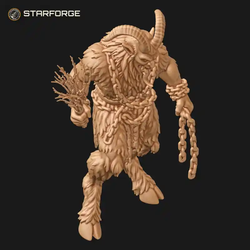 Three Quarter View of Krampus Figure With Goat Horns Shaggy Fur Birch Switch Chains And Hoof Legs Character Dark Fantasy Realistic 3D Print STL File